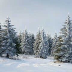 Fototapeta premium Winter landscape, snow-covered pine trees, evergreen forest, white background, frosty scene, serene nature, coniferous trees, snowy branches, panoramic view, Christmas tree farm, winter wonderland, mi