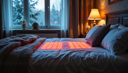 A warm bedroom features glowing lights on the bed, creating a cozy atmosphere at dusk