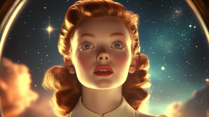 A woman with red hair stares dreamily into the starry night sky, capturing a sense of wonder and imagination in a celestial and magical artistic style.