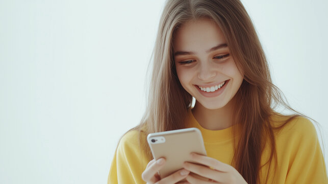 Jeune femme blonde, lycéenne, étudiante ou jeune recrutée, en T-shirt jaune regarde en souriant son smartphone, fond blanc, personnage pour publicité, site web, démo d'application