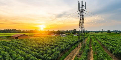 Telecommunication Tower in Rural Landscape: A towering antenna stands tall against a breathtaking sunset, casting long shadows over a lush green field.