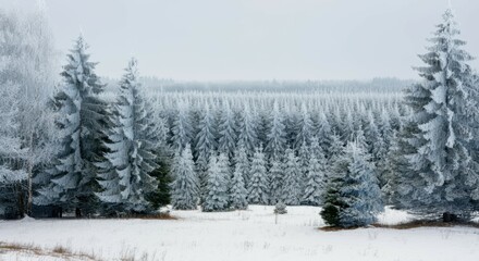 Fototapeta premium Winter landscape, snow-covered pine trees, evergreen forest, white background, frosty scene, serene nature, coniferous trees, snowy branches, panoramic view, Christmas tree farm, winter wonderland, mi