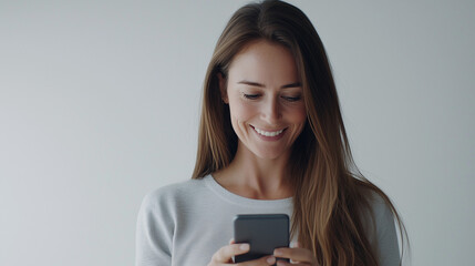 Naklejka premium Femme blonde de 30 ans en haut blanc regarde en souriant son smartphone, fond blanc, personnage pour publicité, site web, démo d'application ou de logiciel, tech et IT B2B