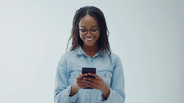Femme africaine de 20 ans en chemise bleue regarde en souriant son smartphone, lycéenne, étudiante, alternante, apprentie sur fond blanc, personnage pour publicité, site web, démo d'application