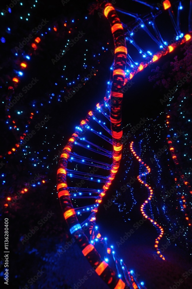 Poster breathtaking dna double helix structure rendered entirely in neon light rotating majestically in dig