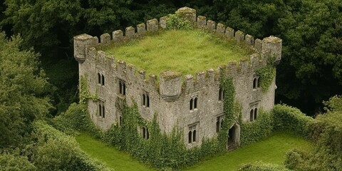 Fototapeta premium Enchanted Castle: A Secluded Stone Tower Overgrown with Lush Greenery 