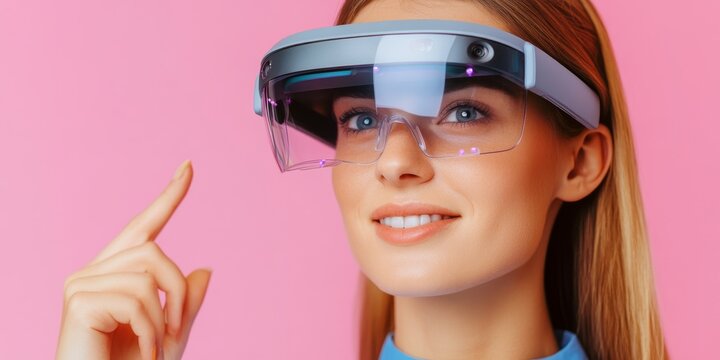 Future Forward: A woman with a futuristic vision,  wearing a sleek AR headset, smiles and points to the possibilities.  She embodies the potential of emerging technologies to shape a brighter future.