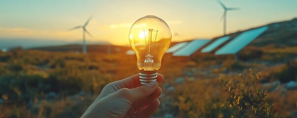 Sustainable development through alternative energies, hand holding a light bulb in a landscape with windmills and solar panels, clean energy concept