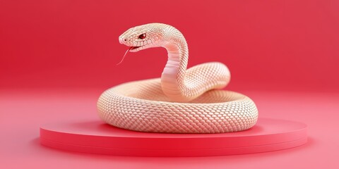 Fototapeta premium Albino Cobra on Pink Platform: A striking, close-up image of a white albino cobra, its scales gleaming against a vibrant pink backdrop. The snake's forked tongue flickers out.