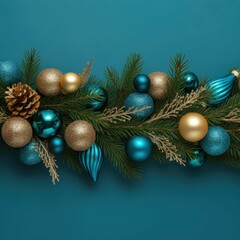 Christmas garland, blue and gold ornaments, pine branches, pine cones, glitter accents, festive decoration, holiday border, metallic baubles, winter foliage, elegant Christmas decor, turquoise and gol