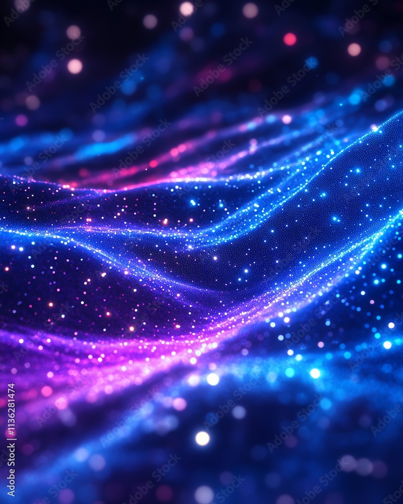 Poster abstract tech background with illuminated fiber optic connections, glowing data streams and vibrant 