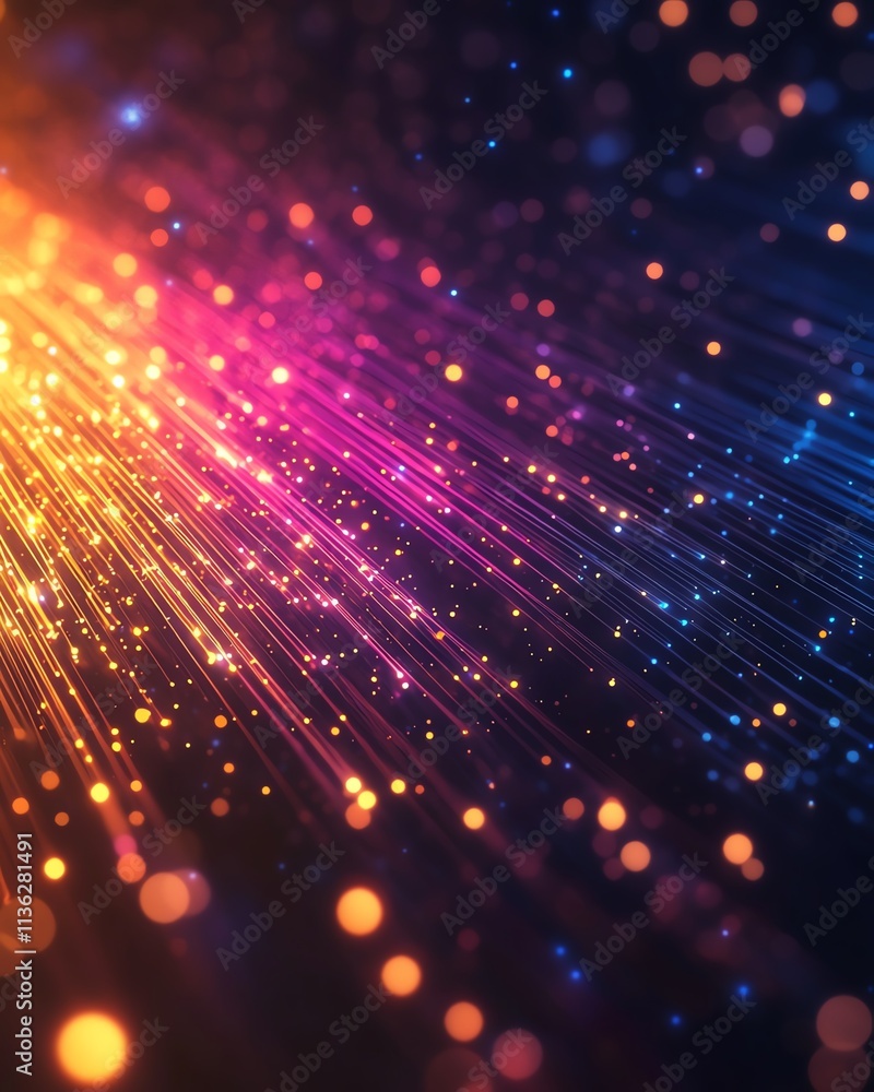 Poster abstract tech background with illuminated fiber optic connections, glowing data streams and vibrant 