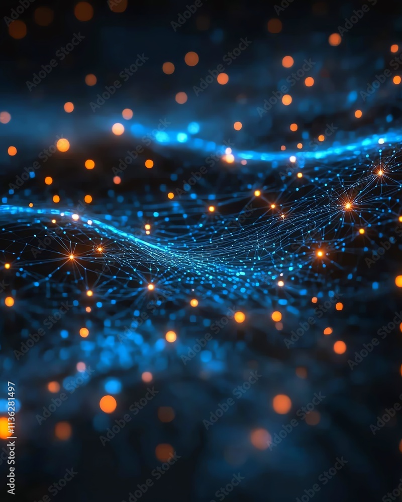 Poster abstract tech background with illuminated fiber optic connections, glowing data streams and vibrant 