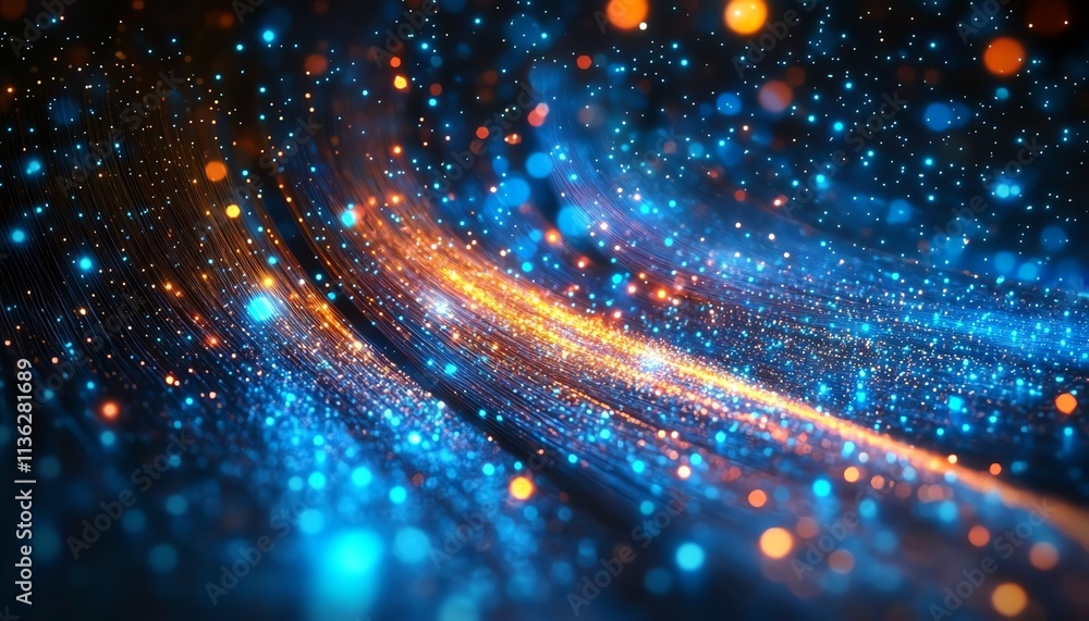 Poster abstract technology design with glowing fiber optic connections, illuminated data streams and vibran