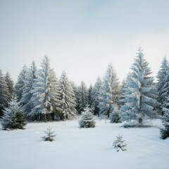 Fototapeta premium Winter landscape, snow-covered pine trees, evergreen forest, white background, frosty scene, serene nature, coniferous trees, snowy branches, panoramic view, Christmas tree farm, winter wonderland, mi