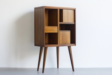 Mid-century modern wooden cabinet with open shelving and tapered legs.