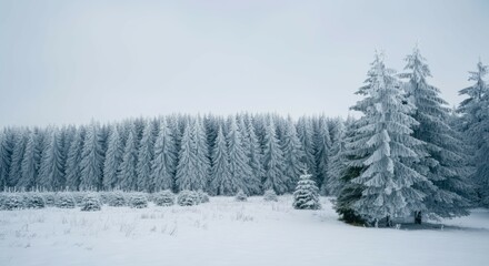 Fototapeta premium Winter landscape, snow-covered pine trees, evergreen forest, white background, frosty scene, serene nature, coniferous trees, snowy branches, panoramic view, Christmas tree farm, winter wonderland, mi