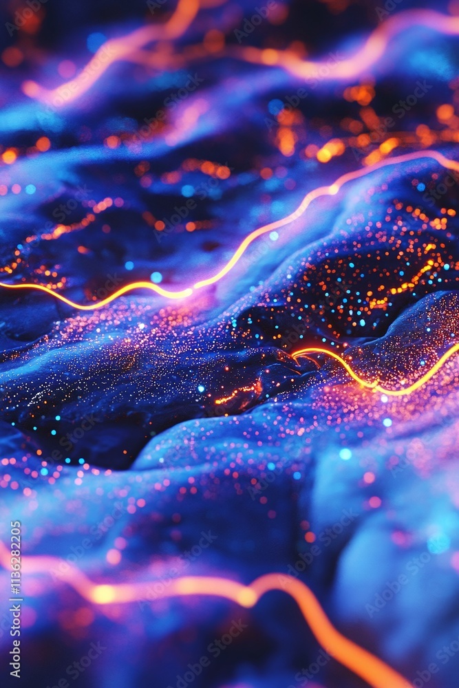 Poster dynamic digital wind visualization carrying glowing neon particles through complex atmospheric patte