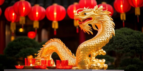 Obraz premium Golden Dragon amidst Red Lanterns: A majestic golden dragon statue takes center stage, surrounded by vibrant red lanterns.