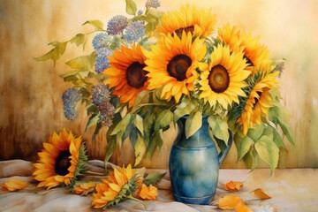 bouquet of sunflowers in a vase on the table still life., watercolor style, 