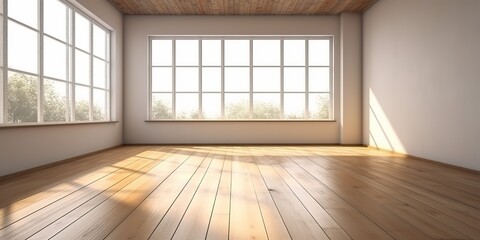 Obraz premium Empty sun light room with big window and wooden floor. Architecture indoor decorative mock up scene