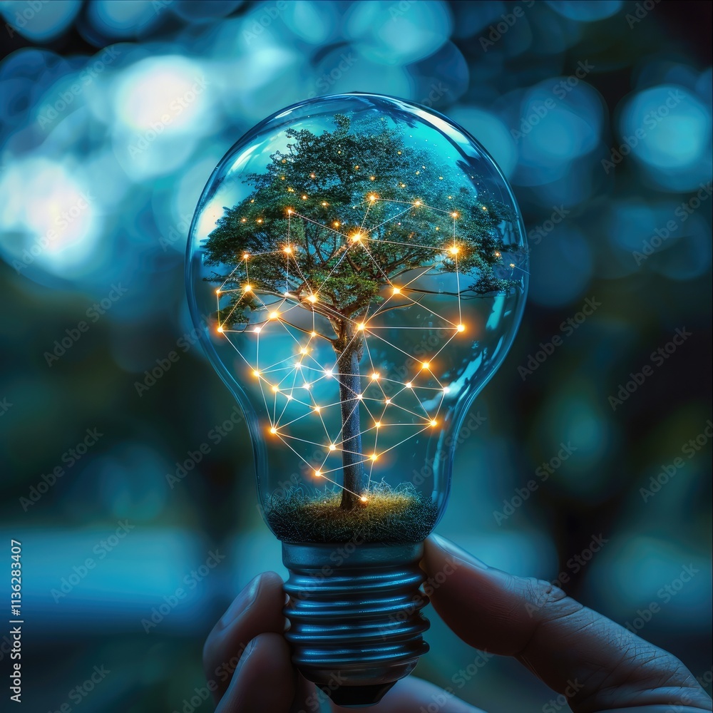 Poster A led bulb into a palm with a tree growing inside the bulb, conserving energy made with electrical network lines in blue color, futuristic color theme, landscape circuit board visuals.