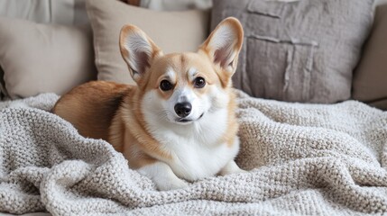 Corgi lying on textured blanket with neutral-toned cushions