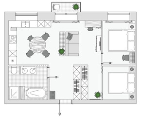 Architectural plan view from above. Apartment with kitchen and bedroom. Floor plan with furniture placement, top view. The interior design project. Vector