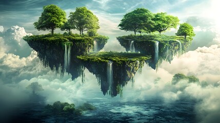 Obraz premium Surreal Scene of Floating Landmasses Surrounded by Lush Nature
