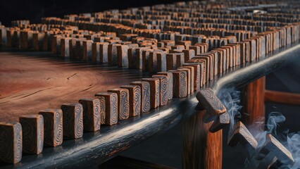 Intricate Wooden Dominoes Falling on Dark Wood Table, Abstract Design Concept