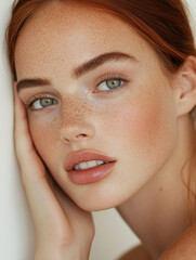 Naklejka premium Natural beauty portrait with freckled skin in soft light