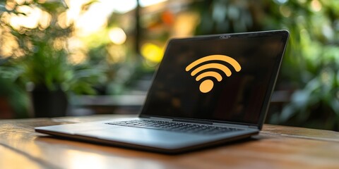 Wireless Connectivity: A laptop with a glowing wifi symbol on its screen rests on a wooden table surrounded by lush greenery, suggesting seamless internet access in a serene outdoor setting. 