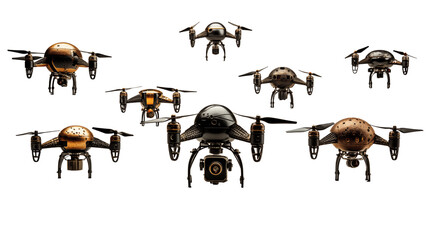 Group of drones flying in formation, representing cutting-edge aviation and tech advancements, isolated on transparent background.