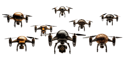 Group of drones flying in formation, representing cutting-edge aviation and tech advancements, isolated on transparent background.