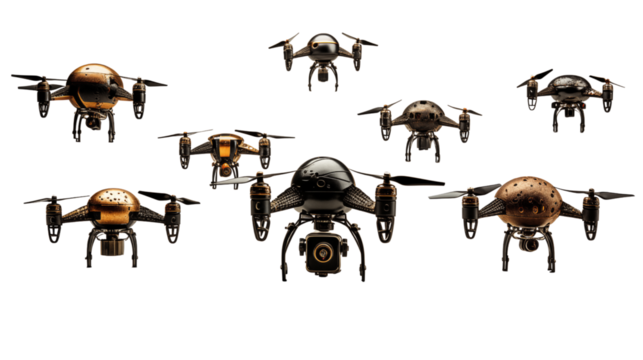 Group of drones flying in formation, representing cutting-edge aviation and tech advancements, isolated on transparent background.