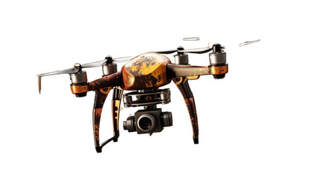 Aerial drones in motion against the sky, showcasing modern technology and innovation, isolated on transparent background.