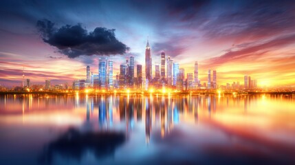 Fototapeta premium A vibrant city skyline at sunset, reflecting beautifully on water, showcasing modern architecture and a dramatic sky filled with clouds.