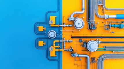 Abstract industrial design featuring colorful pipes and valves against a blue and yellow background.