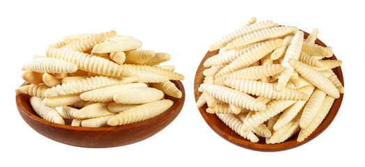 Two wooden bowls filled with maggot-shaped coconut cookies, known as Banh Men in Vietnamese, are displayed against a clean white background.