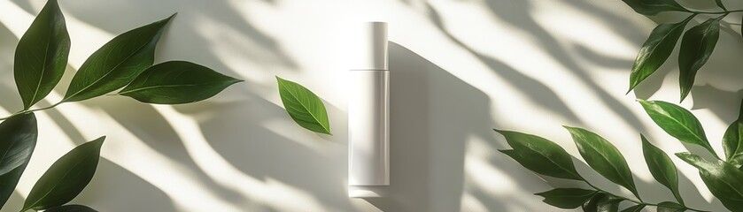 Simple white cosmetic bottle with a green leaf, modern and clean design, white backdrop with natural elegance, highresolution