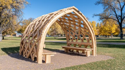 A wooden pavilion with a curved roof and benches, set in a park surrounded by autumn foliage and blue sky.