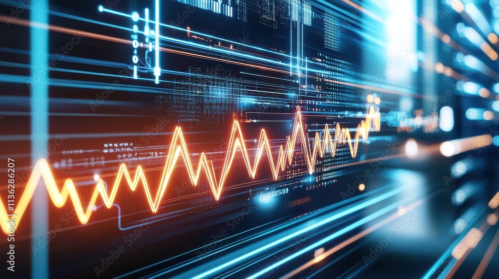 Aufkleber a dynamic digital representation of data trends, featuring bright lines and graphs against a dark ba
