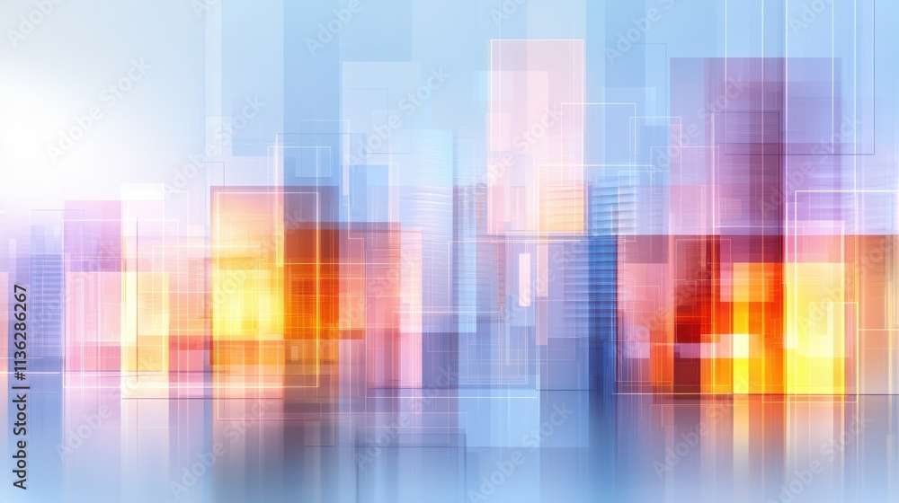 Poster an abstract representation of a vibrant cityscape with colorful geometric shapes and a smooth reflec