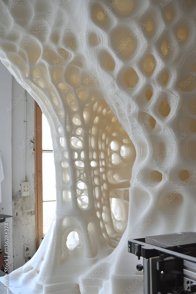 Poster robotic 3d printer creating a parametric architectural facade with complex patterns