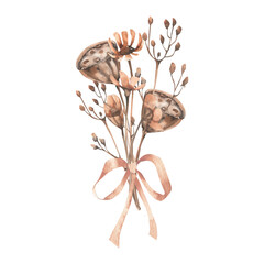 Bouquet with dry field flowers, lotus bud and grass with mocha mousse bow watercolor illustration. Hand drawn floral clipart for romantic card, wedding invitation, women day logo,packing design