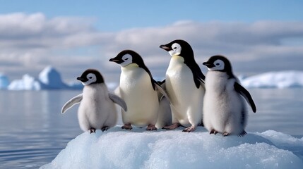 Obraz premium A group of adorable penguins huddle on an iceberg, surrounded by icy waters, showcasing the beauty and resilience of Antarctic wildlife.