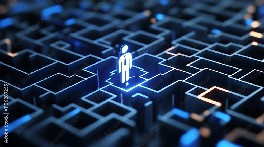 Aufkleber navigating through a complex maze representing challenges and solutions in life
