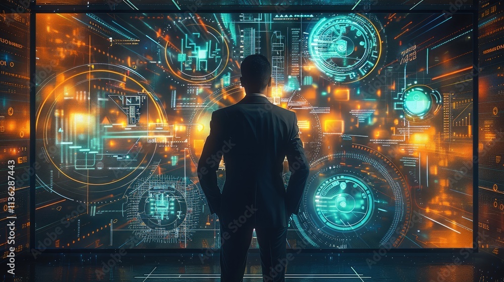 Poster A man in a business suite from the backside staring into a wall on a screen that is a composite of connected circles and squares in blue, green and orange colors with a technical.