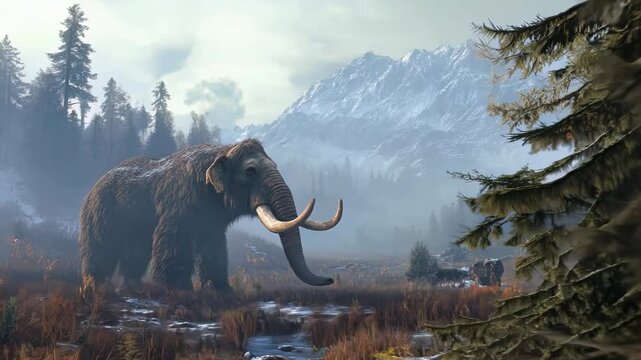 Realistic brown wooly mammoth standing in a prehistoric mountainous landscape. Ice age wilderness, ecosystem animation. Extinct ancient mammal species. Paleolithic period, evolutionary biology.