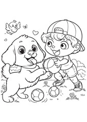 Coloring page design education boy play with dog happy face design 